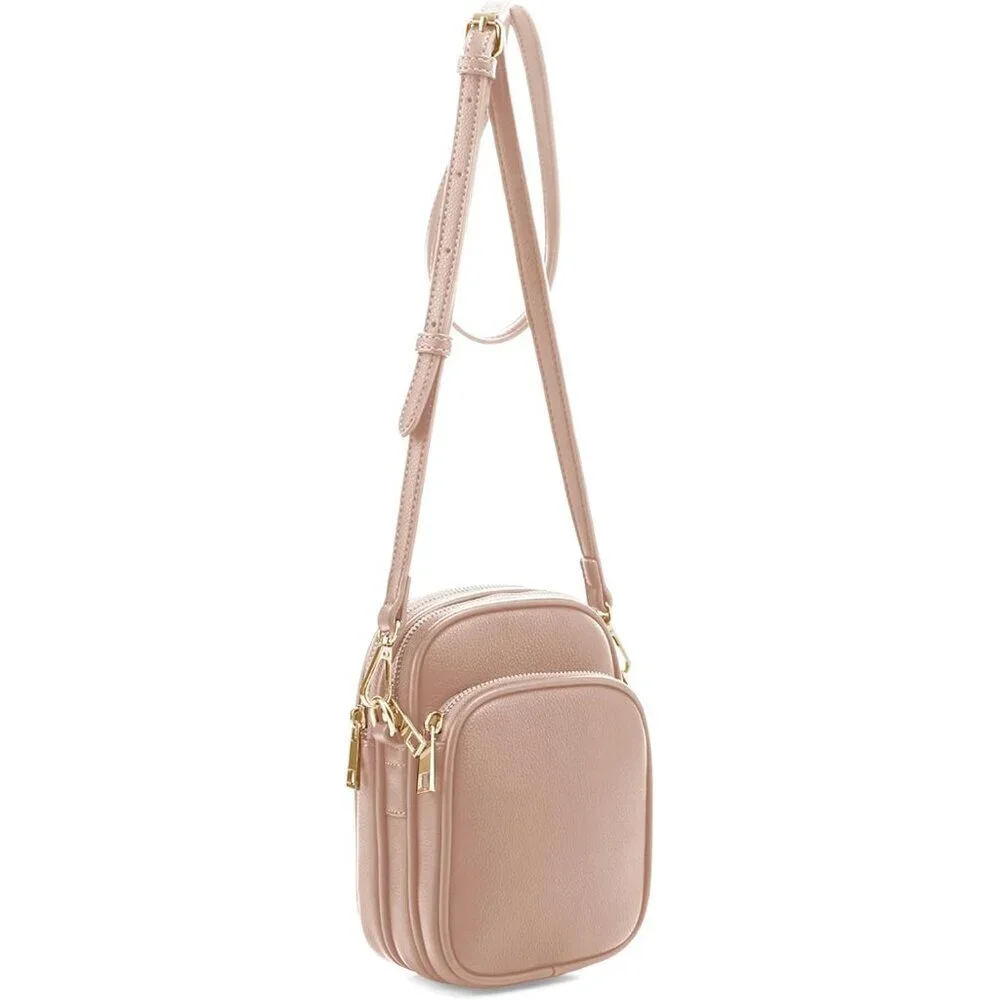 Josie Triple Zip Crossbody Bag Vegan PU Leather Small Travel Purse